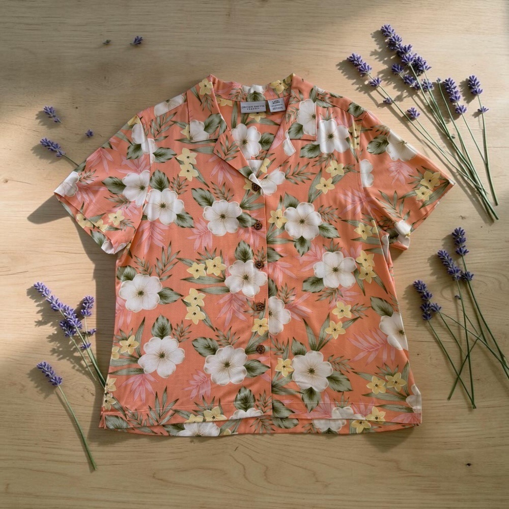 Tropical Floral Button Down Short Sleeve Peach Orange Womens Large Jaclyn Smith